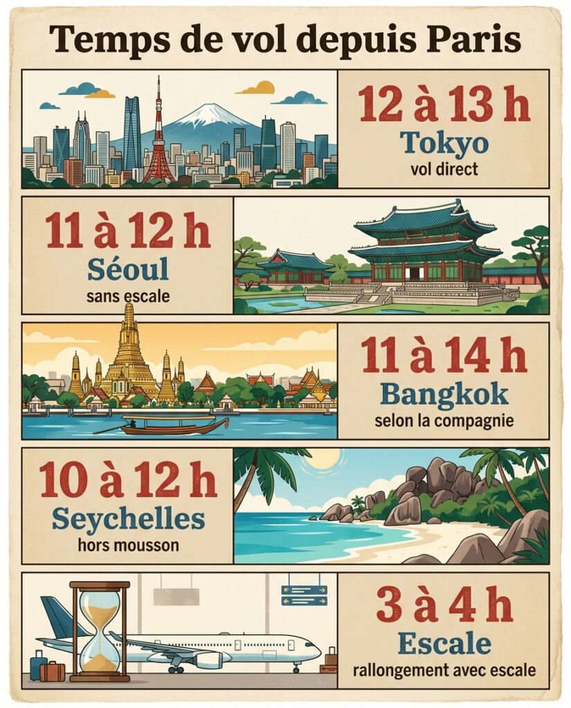 Infographie : durées de vol direct depuis Paris vers les destinations d'Asie