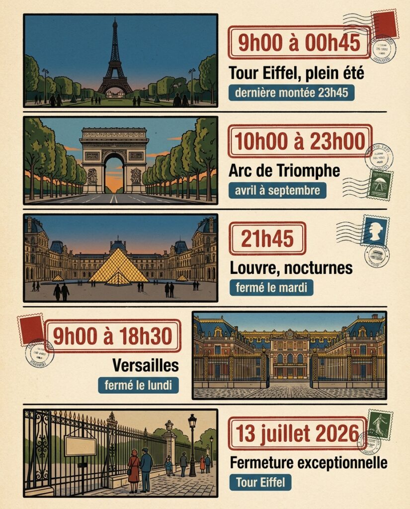 Infographie : calendrier complet des horaires d'ouverture 2026 pour visiter les grands monuments français