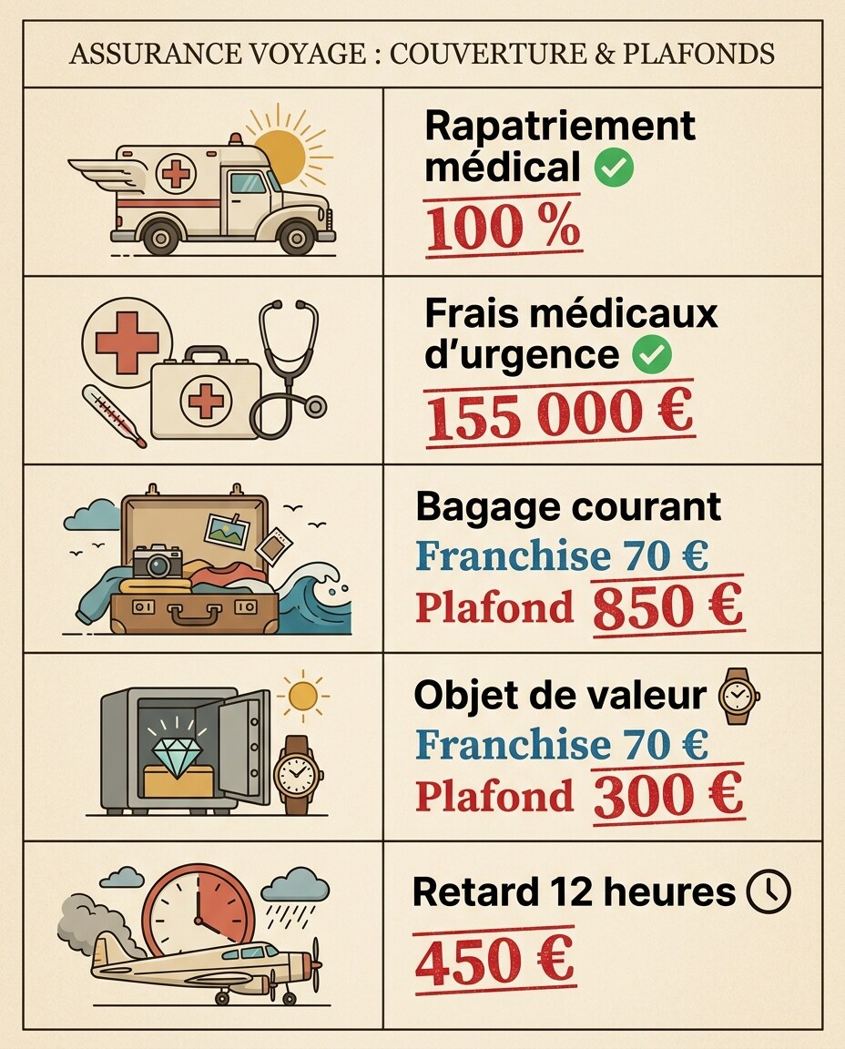 Infographie : couverture médicale et protection bagages incluses avec la carte Gold à l'étranger