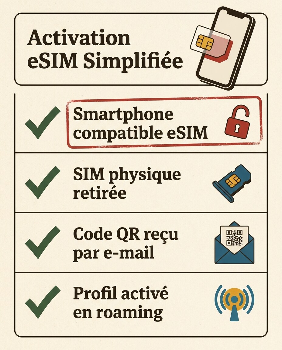 Infographie : compatibilité smartphone et étapes d'activation