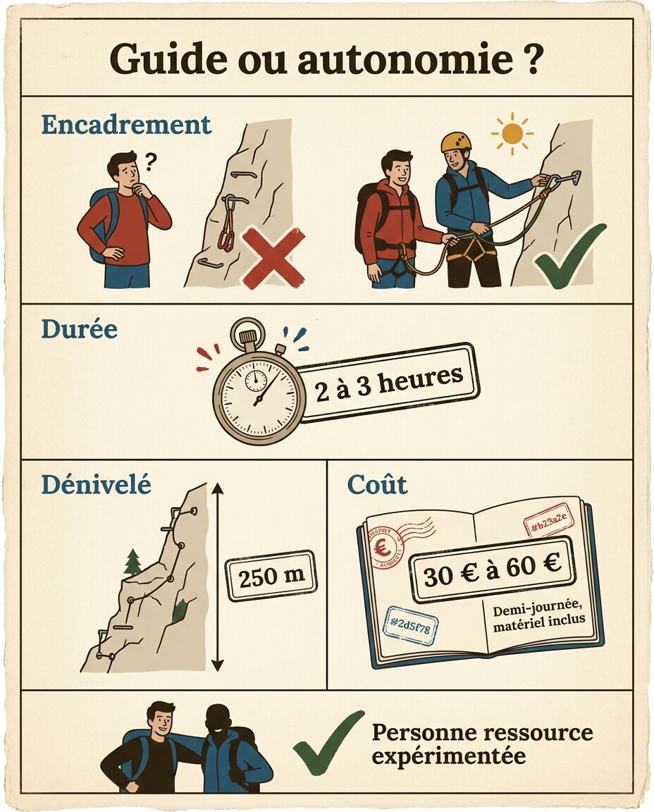 Schéma : conseils pour débuter en via ferrata en groupe ou avec moniteur certifié
