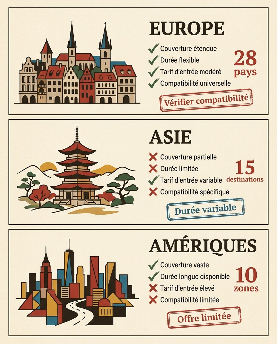 Infographie : meilleure esim pour voyage par type de destination : europe, asie, amériques