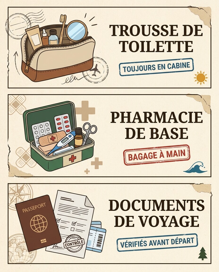 Infographie : essentiels à ne pas oublier : toilette, santé et documents