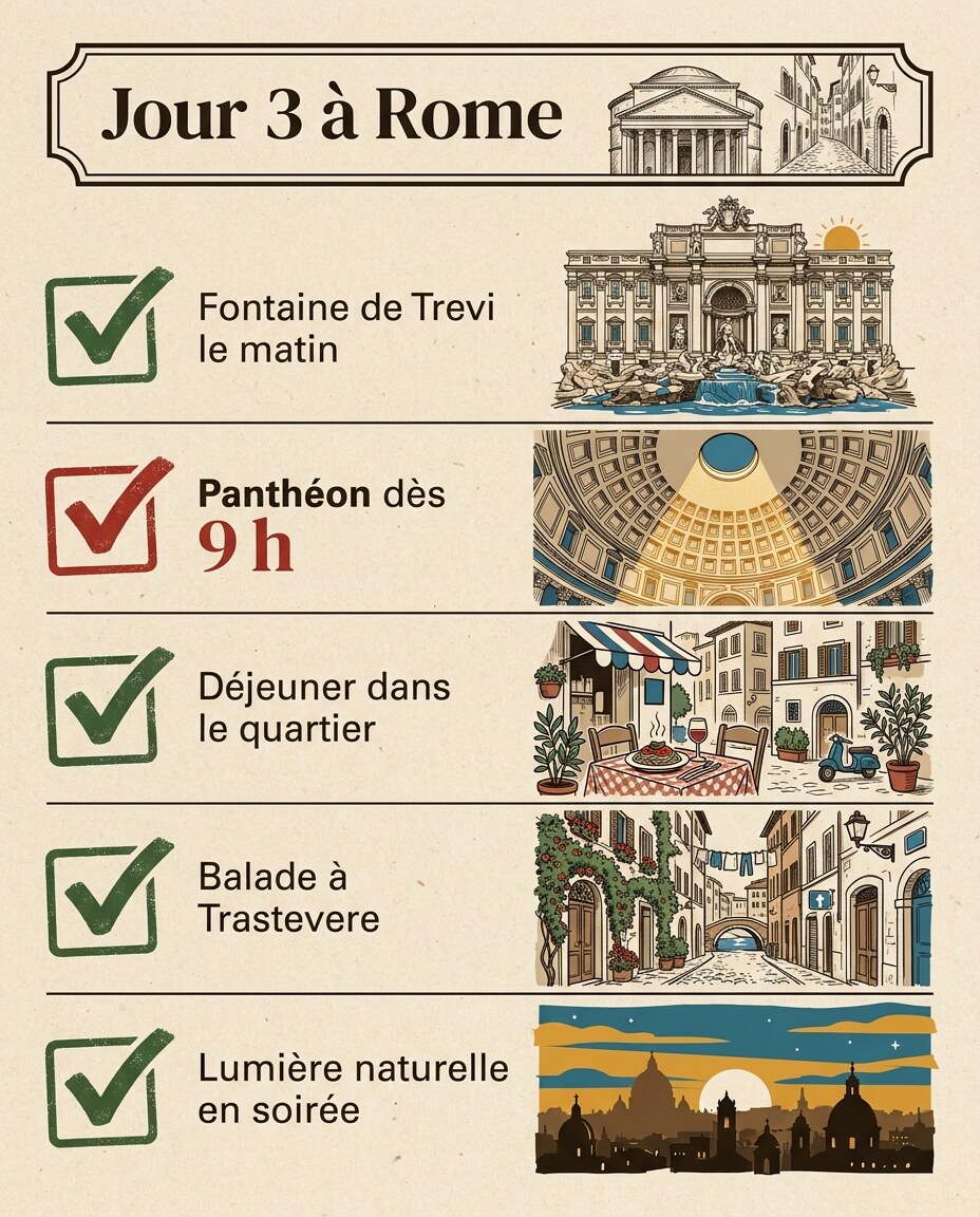 Infographie : jour 3 : fontaine de trevi, panthéon et trastevere