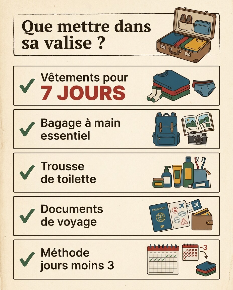 Infographie : la liste de valise pour un voyage : vêtements essentiels par durée