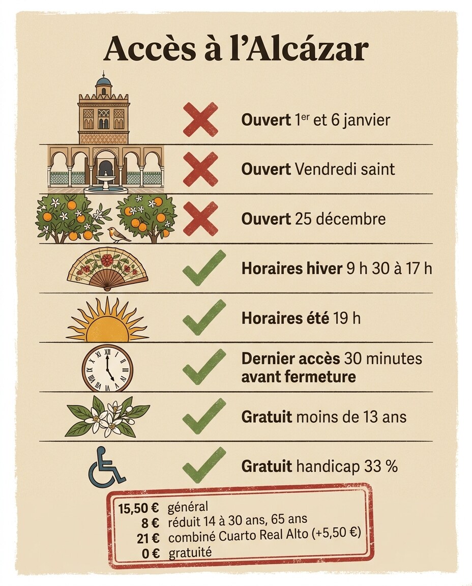 Infographie : horaires d'ouverture et tarifs d'entrée de l'Alcázar de Séville