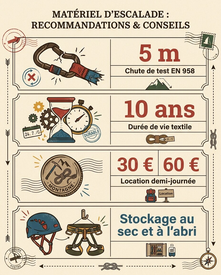 Infographie : équipement complet pour via ferrata débutant avec harnais, casque et longe