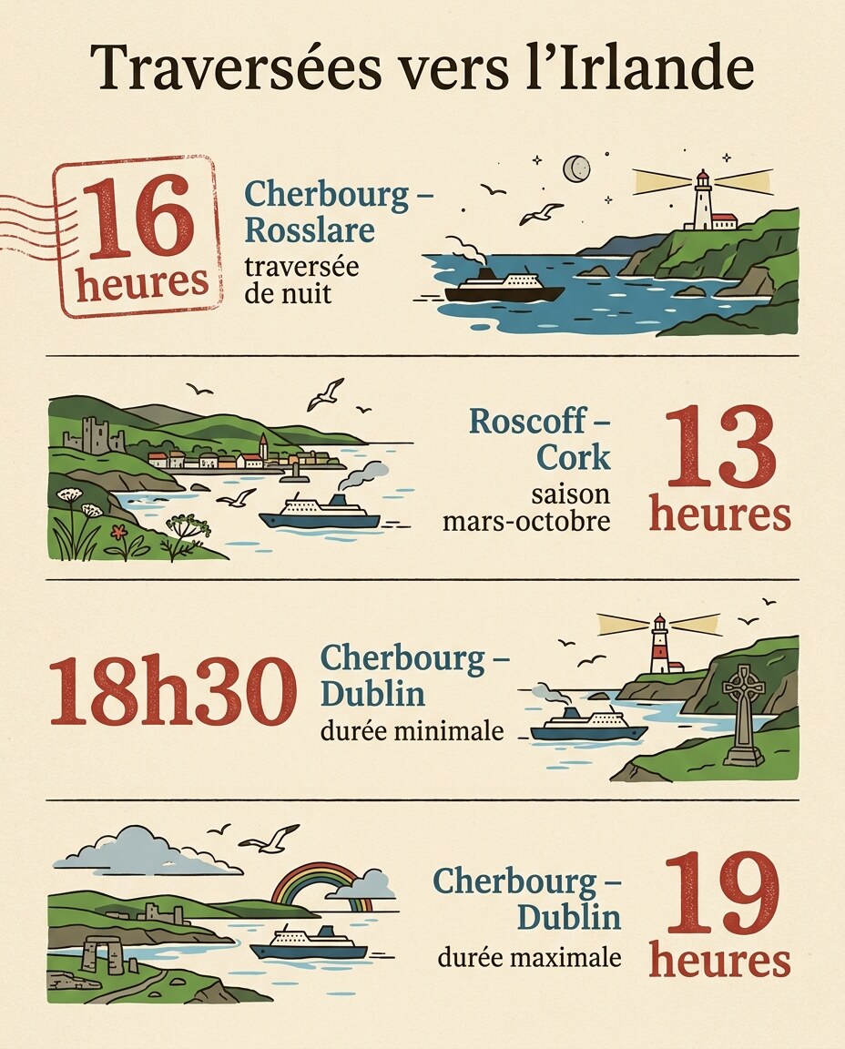 Infographie : carte des routes maritimes du ferry pour l'Irlande depuis les ports français