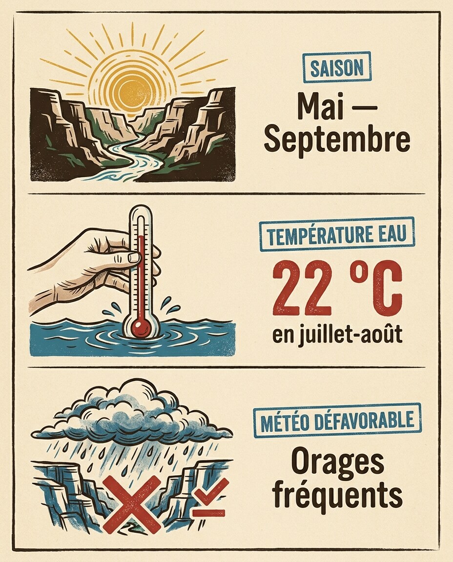 Infographie : meilleure période et conditions climatiques pour canyoning pour débutants