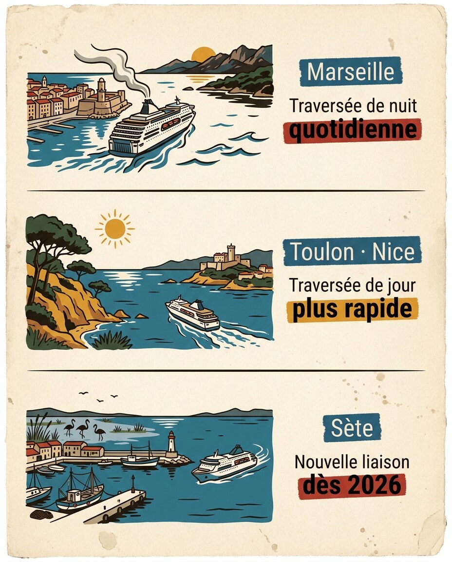 Infographie : routes et durées de traversée selon le port de départ