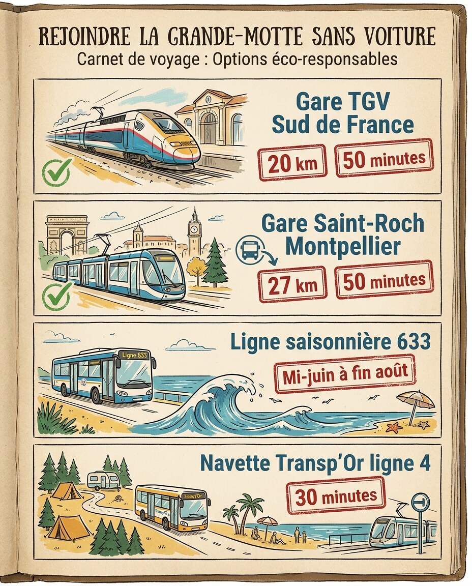 Infographie : transports publics et vélos pour se rendre à La Grande-Motte