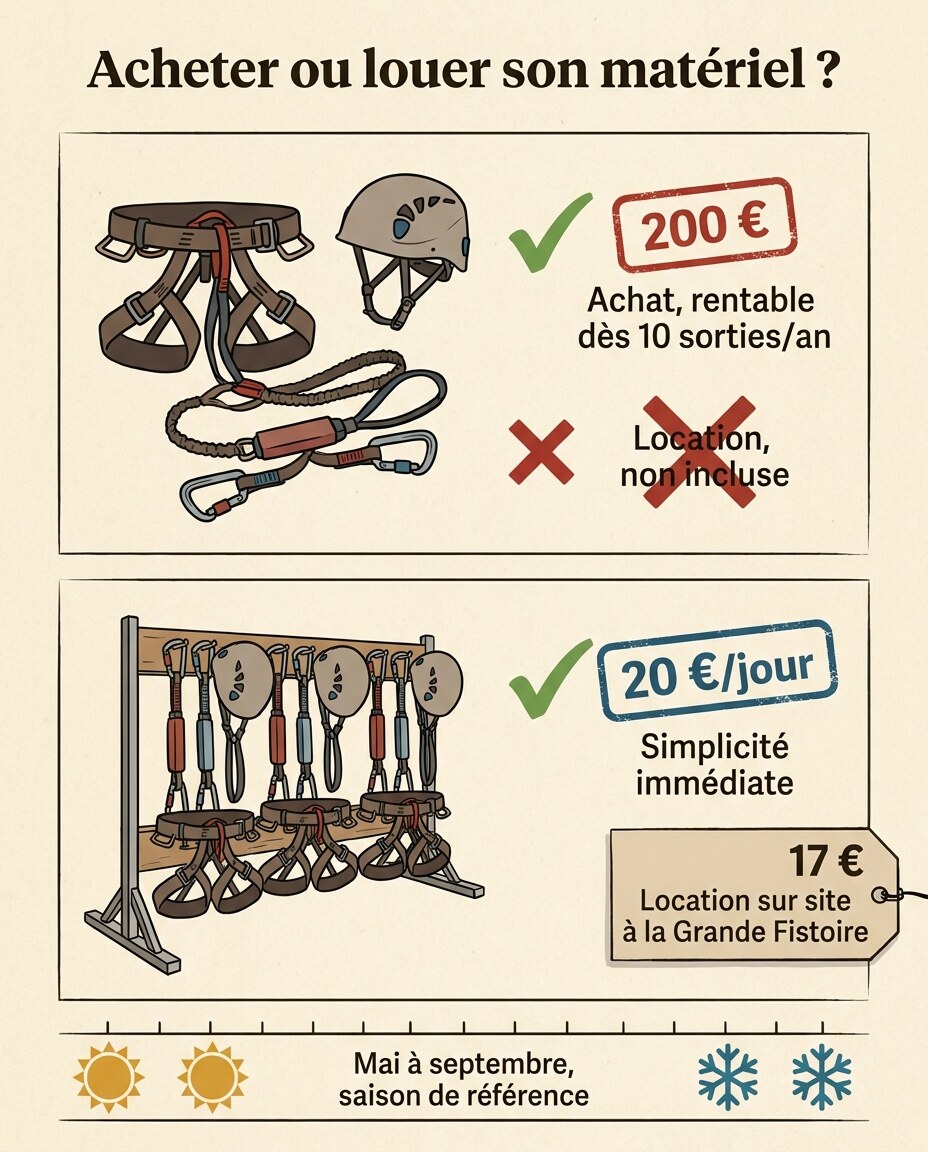 Infographie : guide des tarifs d'accès et conditions pour les via ferrata françaises