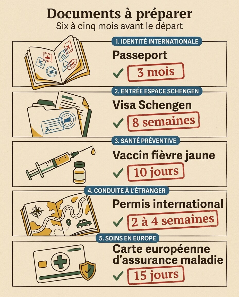 Infographie : comparatif de démarches de voyage en rangées verticales avec coches vertes et croix rouges