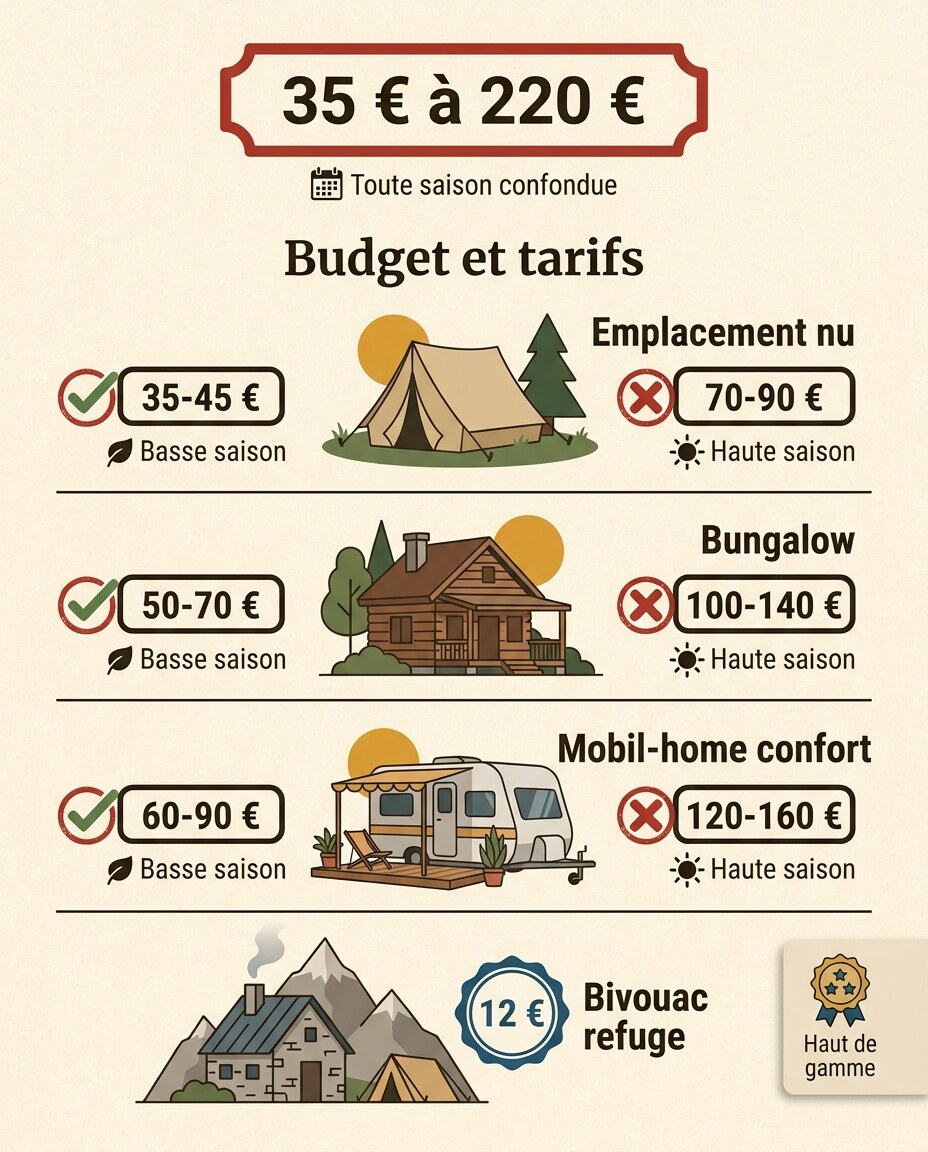 Infographie : trois types d'hébergement de camping présentés en rangées verticales illustrées.