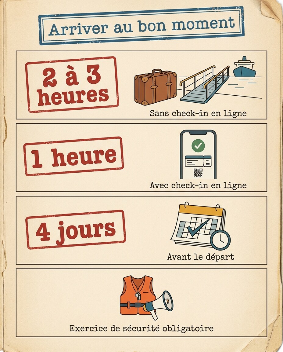 Infographie : trois repères chiffrés empilés verticalement pour l'embarquement.