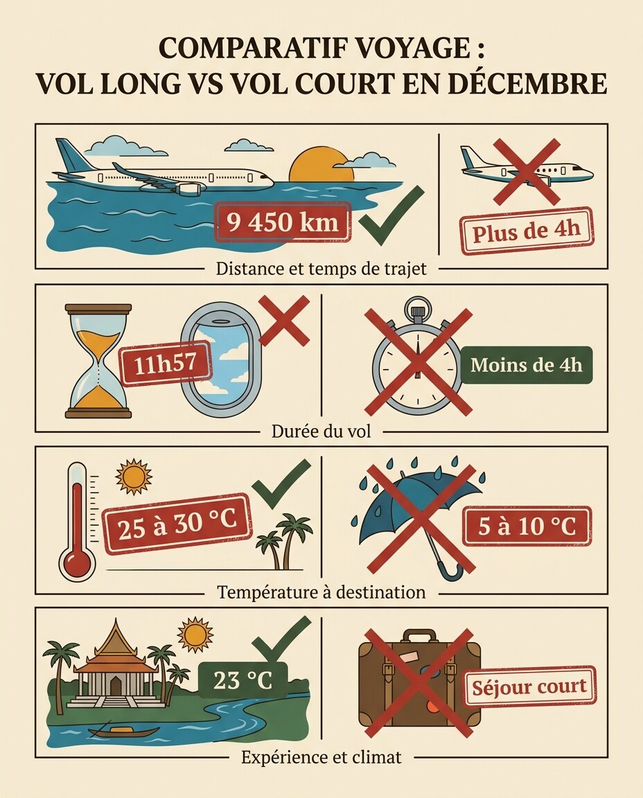 Infographie : comparatif en rangées verticales avec coches vertes et croix rouges pour durées de vol.
