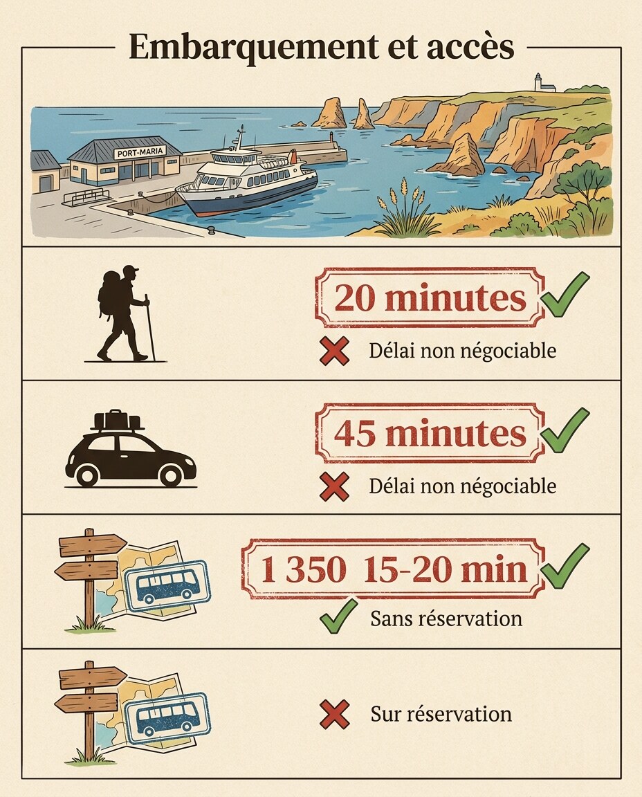 Infographie : comparatif d'embarquement piéton versus véhicule à Port-Maria avec coches et croix.