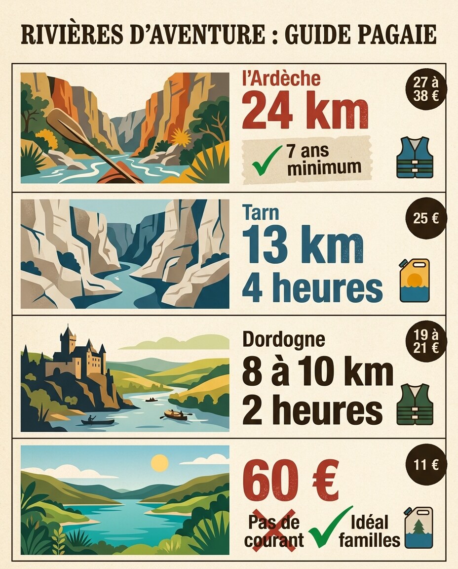 Infographie : comparatif de quatre rivières avec coches vertes et croix rouges.