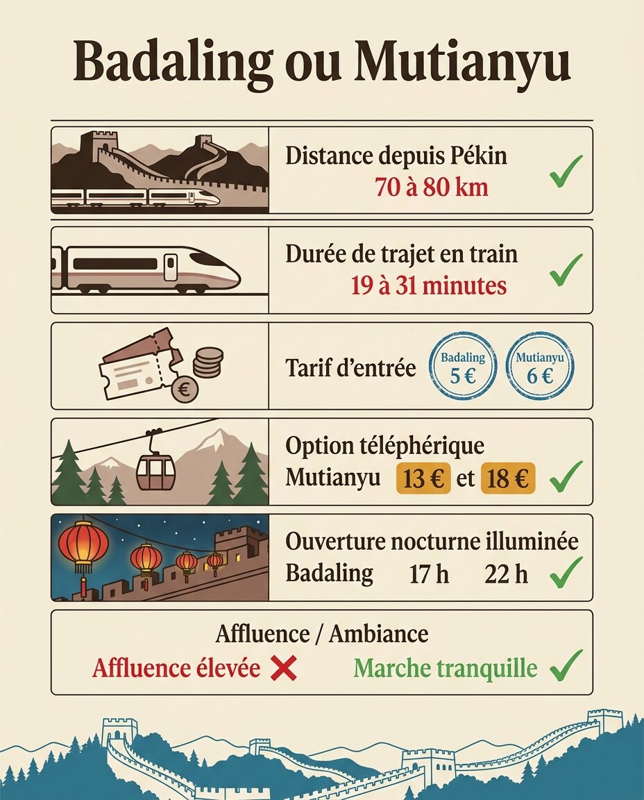 Infographie : comparaison entre Badaling et Mutianyu avec critères validés par coches vertes ou croix rouges