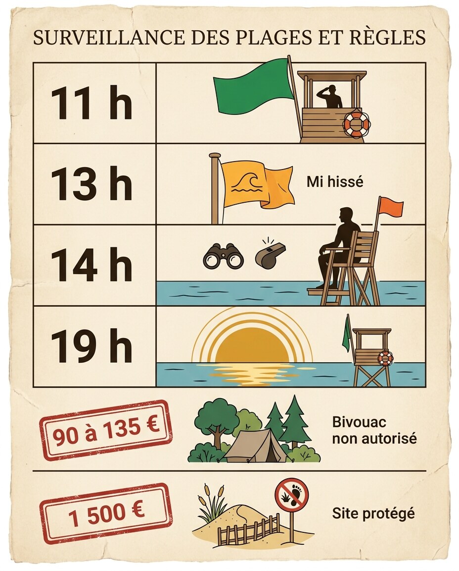 Schéma : zones de baignade surveillées et activités accessibles en camping dans les Landes