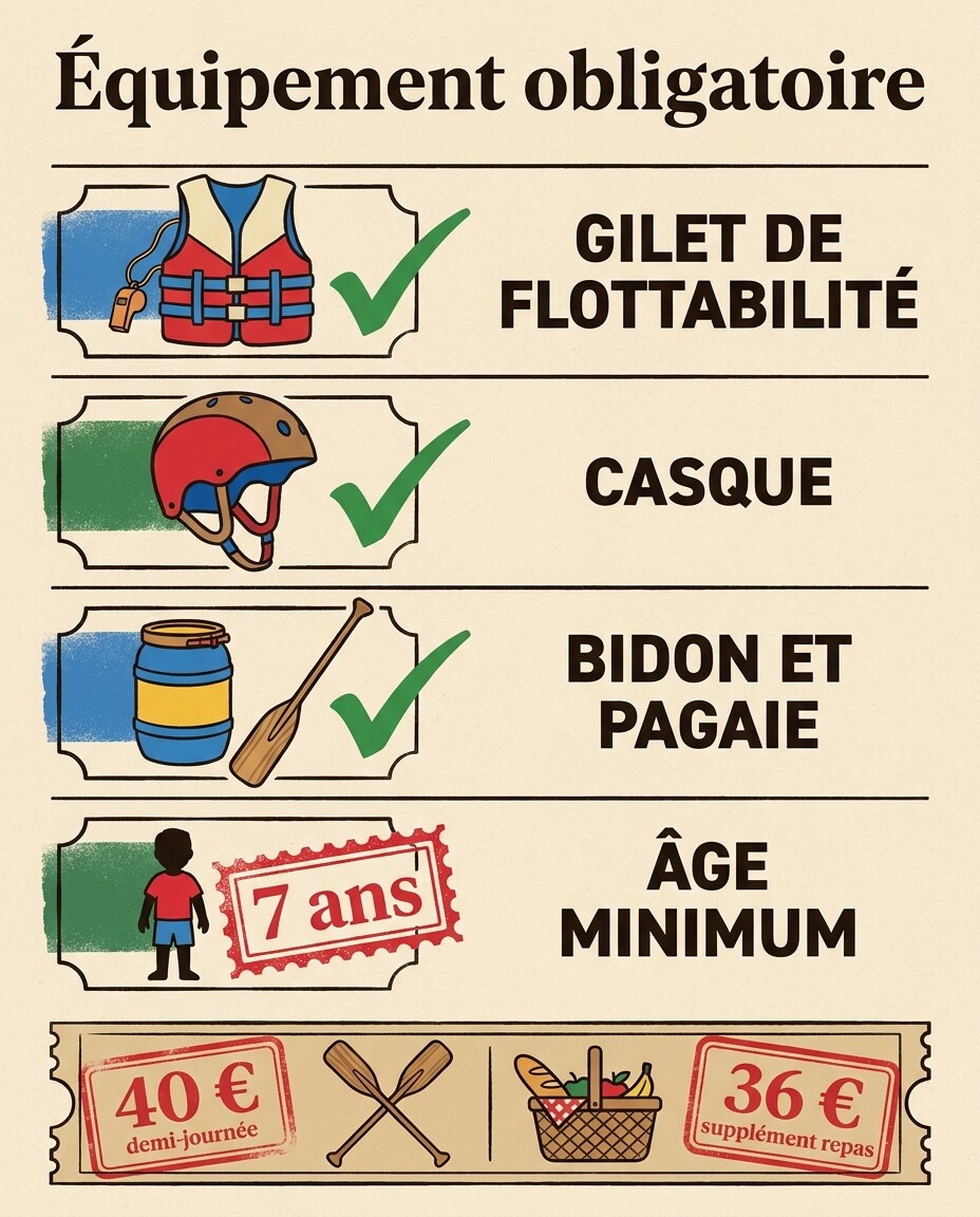 Infographie : liste d'équipement obligatoire avec coches vertes et croix rouges.