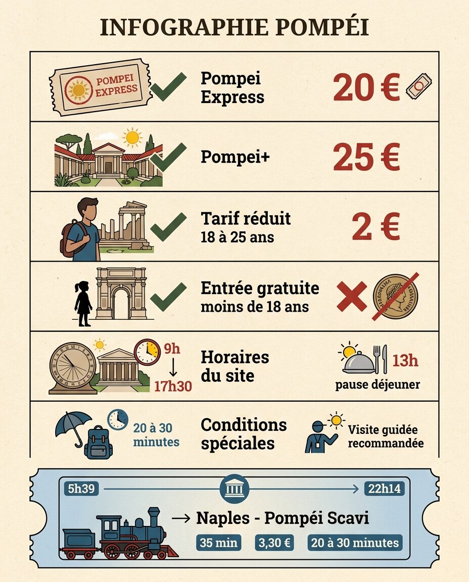 Schéma : tarification complète et options de billets disponibles à Pompéi