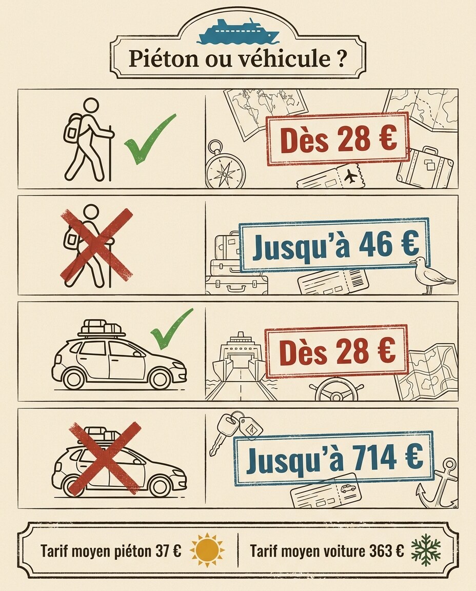 Infographie : comparatif présenté en rangées avec coches vertes et croix rouges.