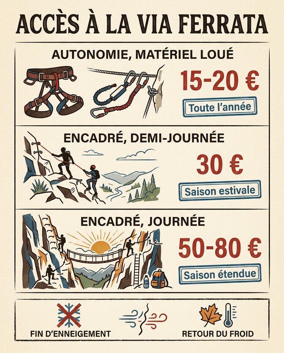 Infographie : tarifs et conditions d'accès aux via ferrata selon les régions françaises
