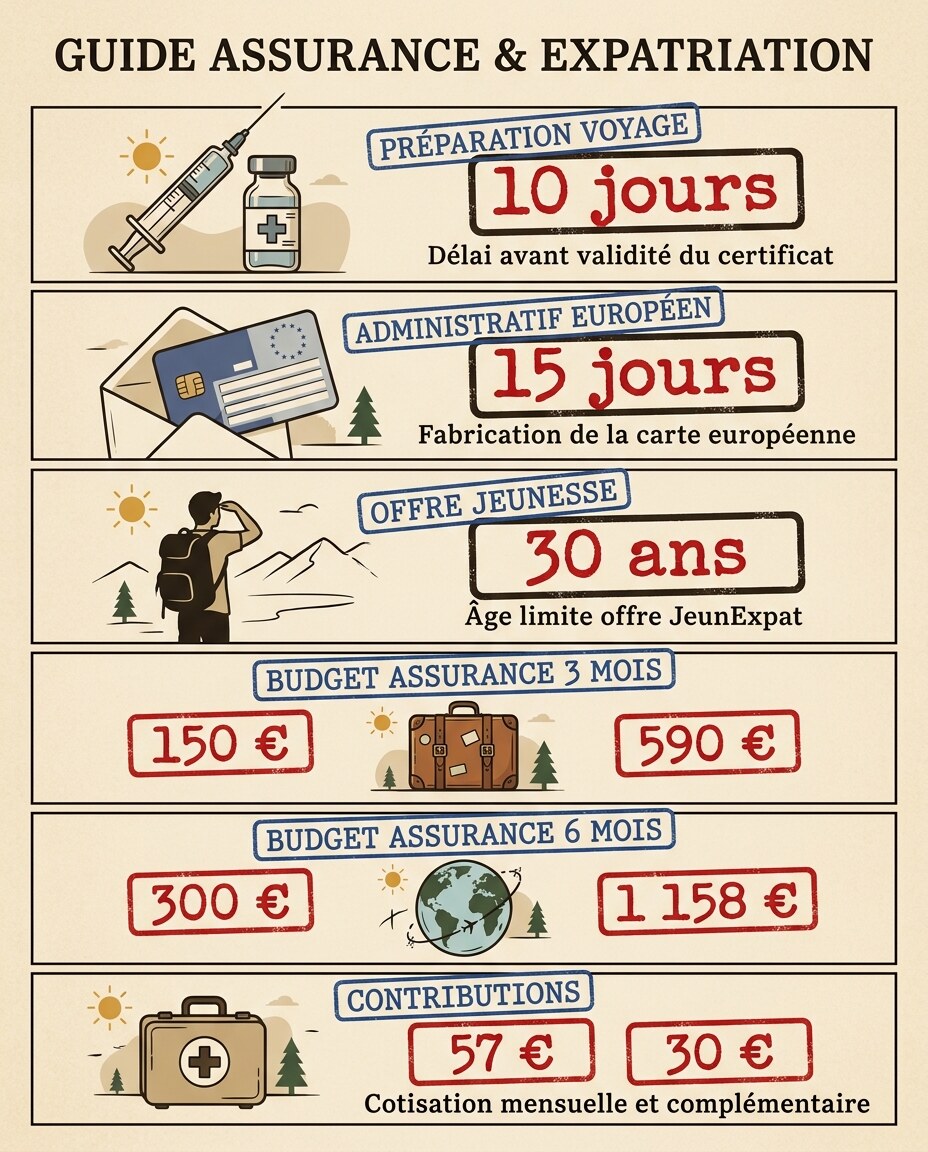Infographie : liste verticale de repères chiffrés pour la préparation d'un voyage