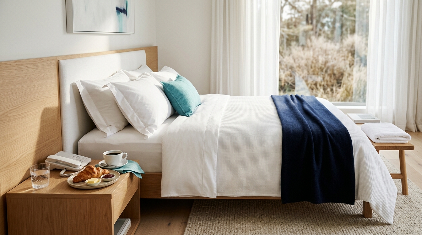Chambre d'hôtel minimaliste avec lit éclairé par lumière naturelle matinale et petit-déjeuner