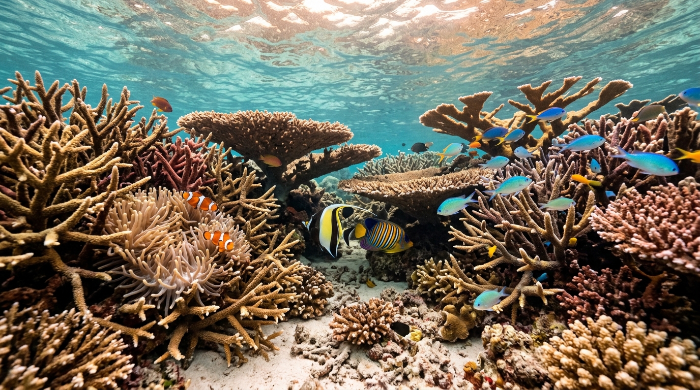 Gros plan immergé d'un récif corallien avec coraux et poissons tropicaux colorés