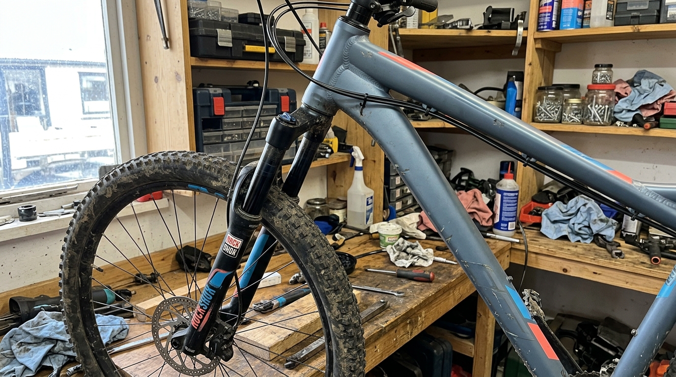 VTT semi-rigide en aluminium posé sur établi avec fourche suspendue et cadre rigide