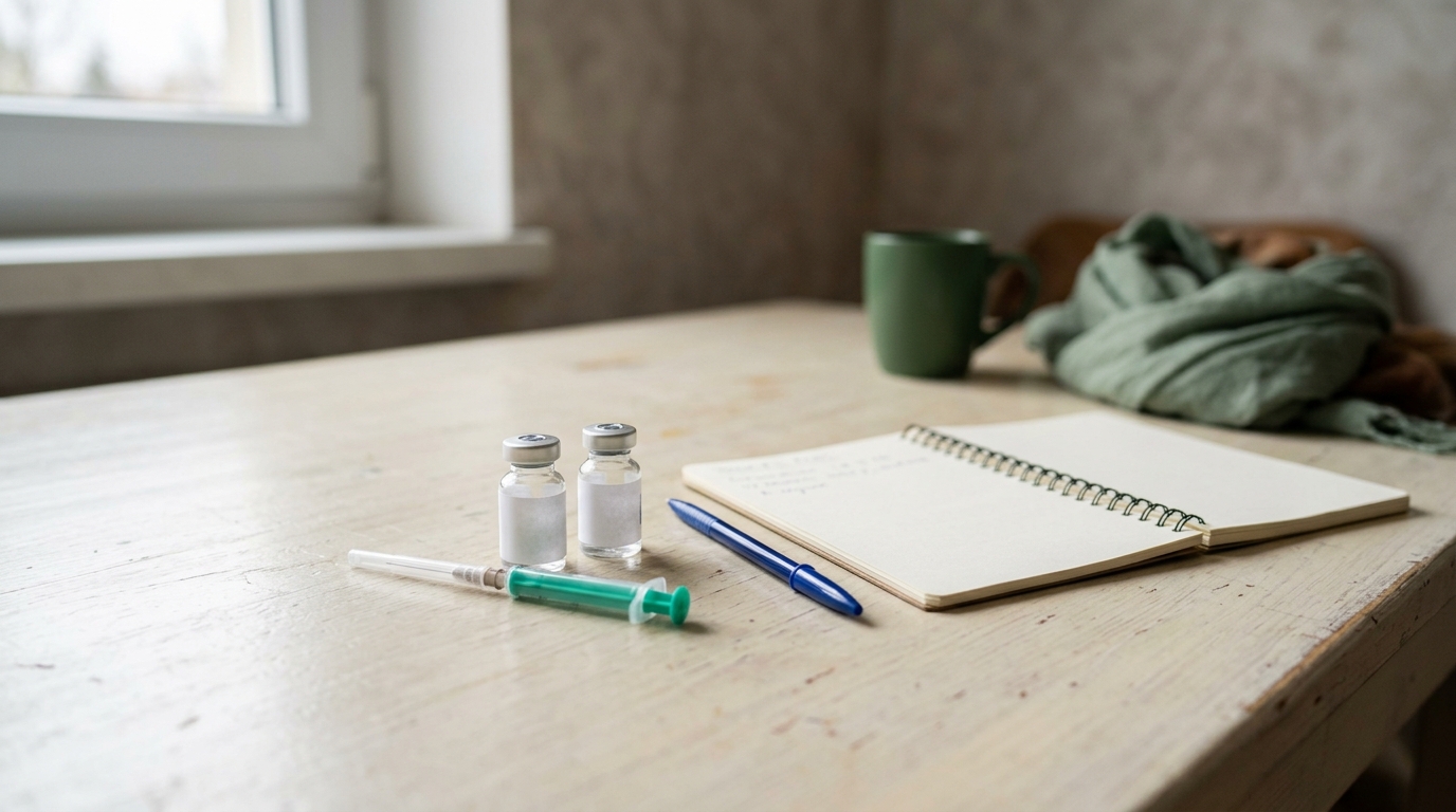 Flacons de vaccin, seringue et stylo sur un bloc-notes blanc.