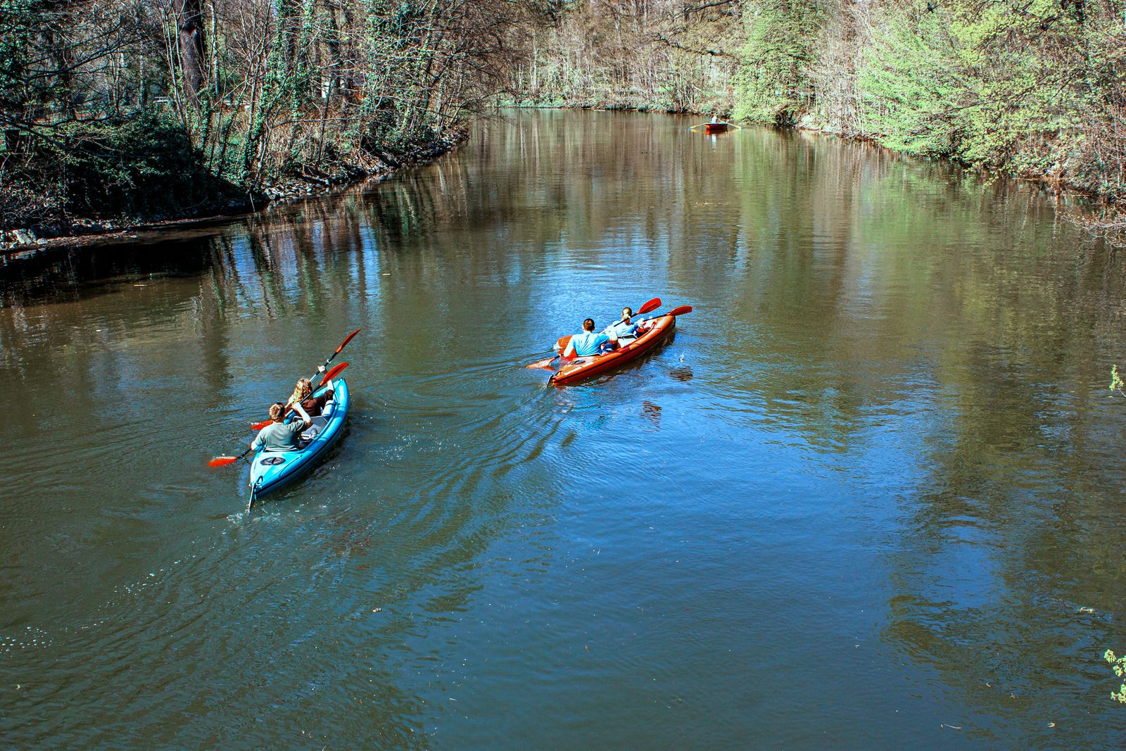 Groupe en kayak sur une rivière calme entourée de verdure luxuriante à Leipzig