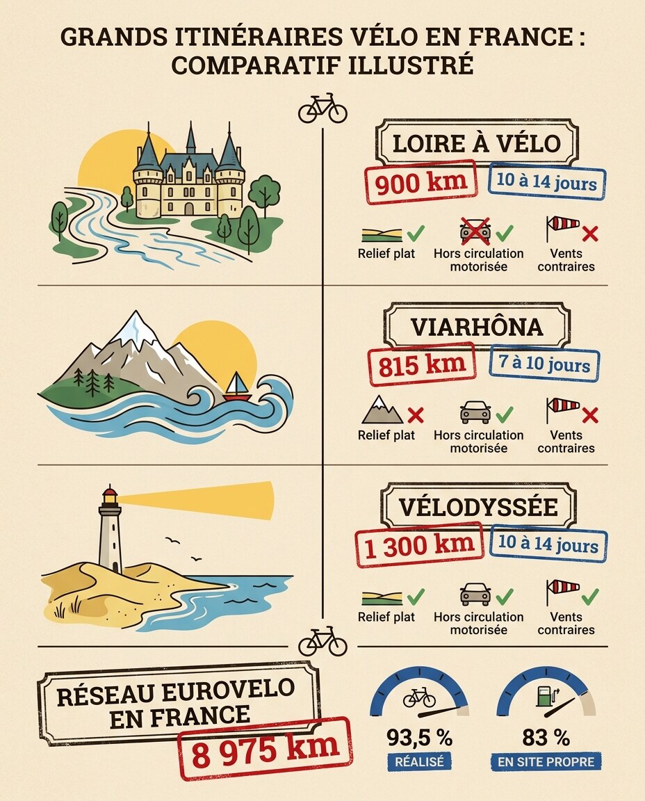 Infographie : comparatif de trois itinéraires à vélo avec coches et croix