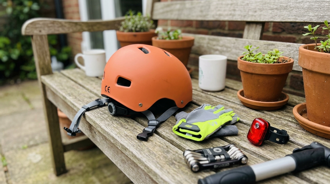Casque enfant et équipements de vélo disposés pour vérification avant trajet
